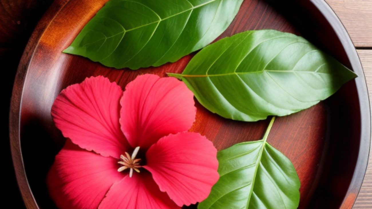 2 - Hibiscus flower and bay leaf on a wooden tray