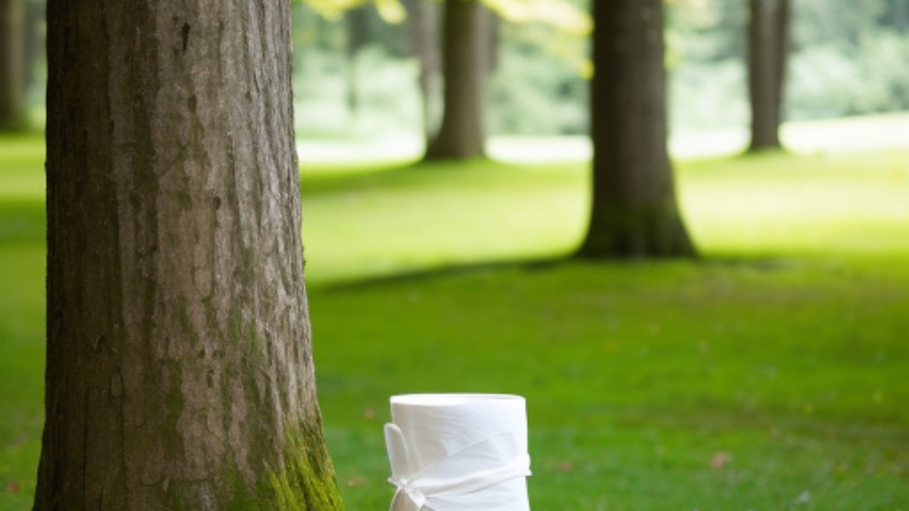 2 - A stump of a tree and a toilet paper roll besi